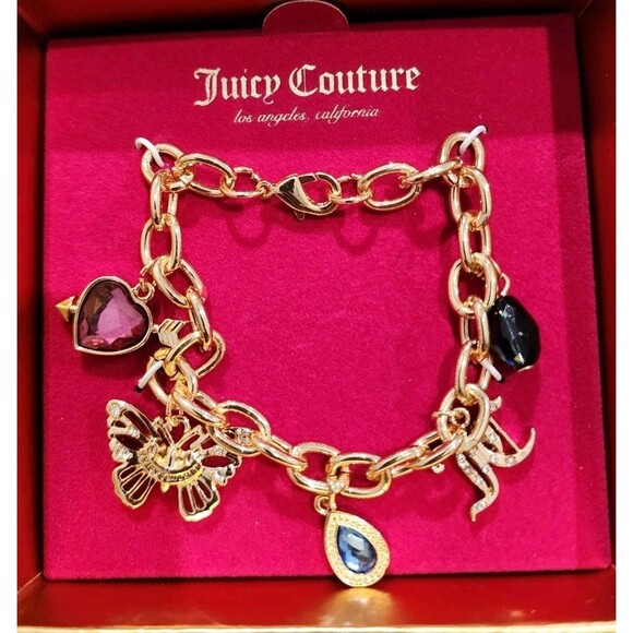 New Juicy Couture Goldtone Charm Bracelet 5 Charms Logo Y2K - Picture 1 of 3